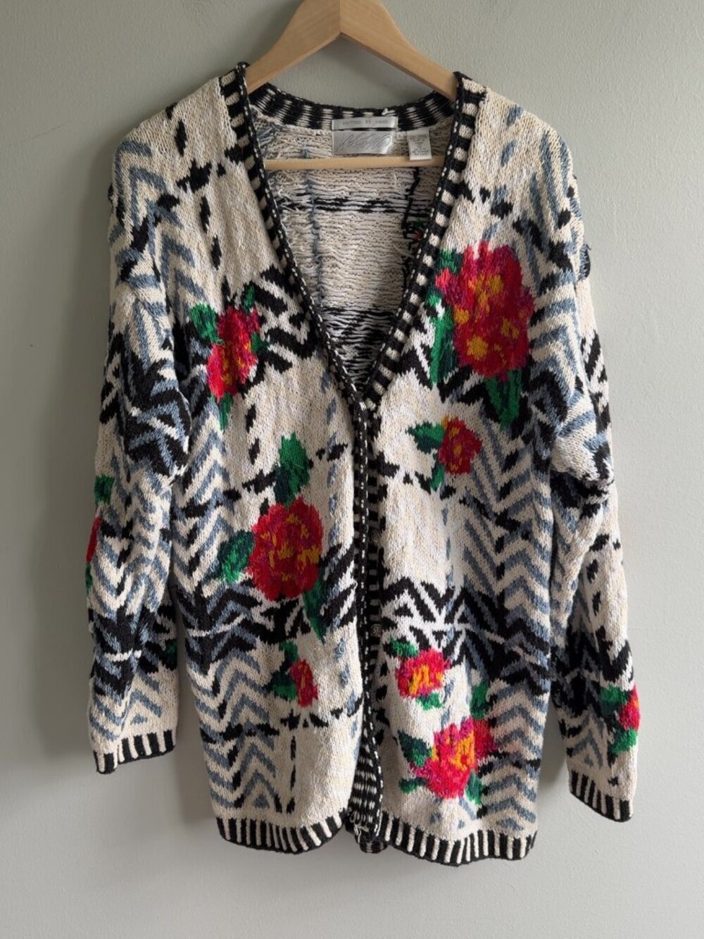 Lord & Taylor Vintage Hand Knit Cardigan Sze Large Floral Geometric Ramie Cotton